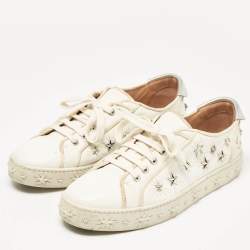 Pre Owned Aquazzura White/Silver Leather Cosmic Star-Stud Low Top Sneakers Size 40.5