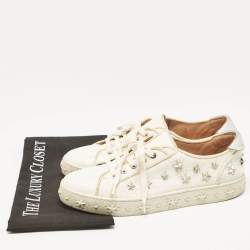 Pre Owned Aquazzura White/Silver Leather Cosmic Star-Stud Low Top Sneakers Size 40.5