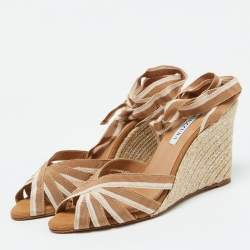 Pre Owned Aquazzura Beige Fabric Marinaia Espadrille Wedge Sandals Size 40