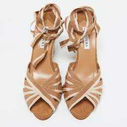 Pre Owned Aquazzura Beige Fabric Marinaia Espadrille Wedge Sandals Size 40
