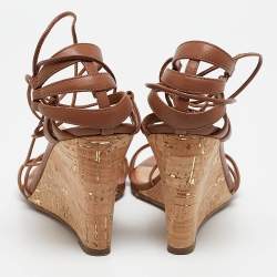 Pre Owned Aquazzura Brown Leather Gin Wedge Sandals Size 37