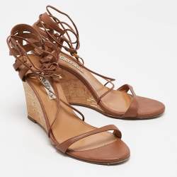 Pre Owned Aquazzura Brown Leather Gin Wedge Sandals Size 37