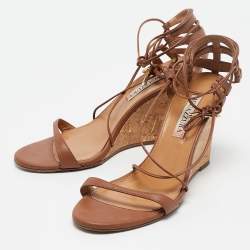 Pre Owned Aquazzura Brown Leather Gin Wedge Sandals Size 37