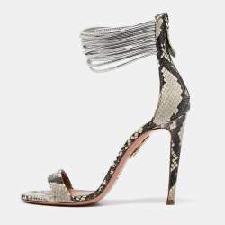 Pre Owned Aquazzura Grey/Brown Python Embossed Leather Spin Me Around Sandals Size 36