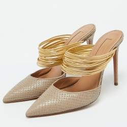 Aquazzura Beige/Gold Snakeskin Embossed Leather Rendez Vous Mules Size 38.5