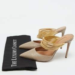 Aquazzura Beige/Gold Snakeskin Embossed Leather Rendez Vous Mules Size 38.5