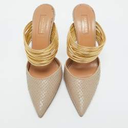 Aquazzura Beige/Gold Snakeskin Embossed Leather Rendez Vous Mules Size 38.5