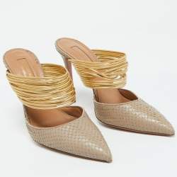 Aquazzura Beige/Gold Snakeskin Embossed Leather Rendez Vous Mules Size 38.5