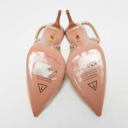 Pre Owned Aquazzura Gold Leather and Mesh Tiara Crystal Embellished Pumps Size 37.5   