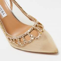 Pre Owned Aquazzura Gold Leather and Mesh Tiara Crystal Embellished Pumps Size 37.5   