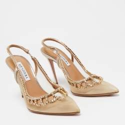 Pre Owned Aquazzura Gold Leather and Mesh Tiara Crystal Embellished Pumps Size 37.5   