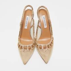 Pre Owned Aquazzura Gold Leather and Mesh Tiara Crystal Embellished Pumps Size 37.5   