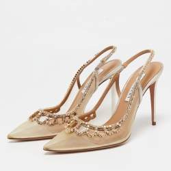 Pre Owned Aquazzura Gold Leather and Mesh Tiara Crystal Embellished Pumps Size 37.5   