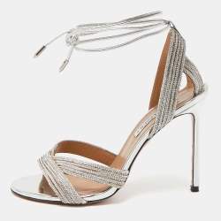 Aquazzura Silver Leather Crystal Embellished Ari Ankle Wrap Sandals Size 39