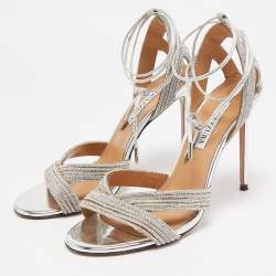 Aquazzura Silver Leather Crystal Embellished Ari Ankle Wrap Sandals Size 39