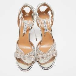 Aquazzura Silver Leather Crystal Embellished Ari Ankle Wrap Sandals Size 39