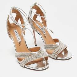 Aquazzura Silver Leather Crystal Embellished Ari Ankle Wrap Sandals Size 39