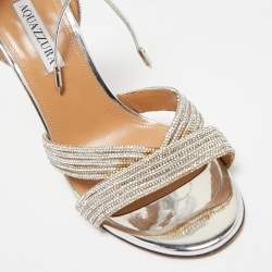 Aquazzura Silver Leather Crystal Embellished Ari Ankle Wrap Sandals Size 39