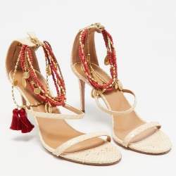 Aquazzura Beige Python Embossed Leather India Ankle Strap Sandals Size 39