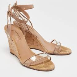 Pre Owned Aquazzura Beige Leather and PVC Minimalist Wedge Sandals Size 36.5