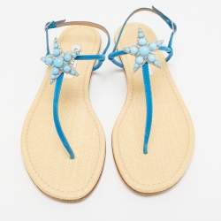 Aquazzura Blue Suede Seastar Thong Sandals Size 39