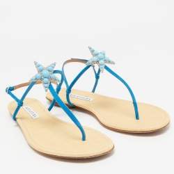 Aquazzura Blue Suede Seastar Thong Sandals Size 39
