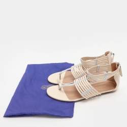 Aquazzura Beige/Silver Leather Ravello Gladiator Toe-Ring Flat Sandals Size 36.5