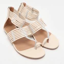 Aquazzura Beige/Silver Leather Ravello Gladiator Toe-Ring Flat Sandals Size 36.5