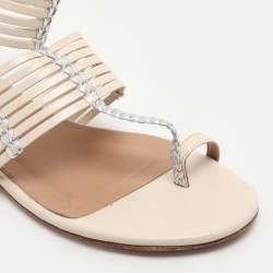 Aquazzura Beige/Silver Leather Ravello Gladiator Toe-Ring Flat Sandals Size 36.5