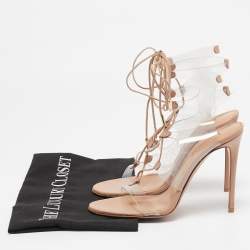 Pre Owned Aquazzura Beige Leather and PVC Milos Ankle Strap Sandals Size 38.5