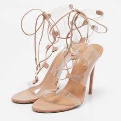 Pre Owned Aquazzura Beige Leather and PVC Milos Ankle Strap Sandals Size 38.5