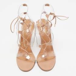 Pre Owned Aquazzura Beige Leather and PVC Milos Ankle Strap Sandals Size 38.5