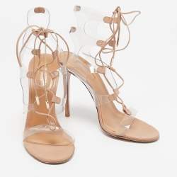 Pre Owned Aquazzura Beige Leather and PVC Milos Ankle Strap Sandals Size 38.5