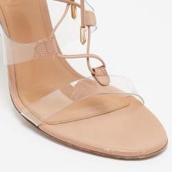 Pre Owned Aquazzura Beige Leather and PVC Milos Ankle Strap Sandals Size 38.5