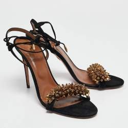 Pre Owned Aquazzura Black Suede Embellished Monaco Ankle Tie Sandals Size 42
