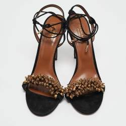 Pre Owned Aquazzura Black Suede Embellished Monaco Ankle Tie Sandals Size 42