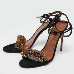 Pre Owned Aquazzura Black Suede Embellished Monaco Ankle Tie Sandals Size 42