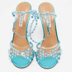 Pre Owned Aquazzura Transparent/Metallic Aqua PVC and Leather Dance Plexi Sandals Size 38.5
