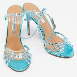 Pre Owned Aquazzura Transparent/Metallic Aqua PVC and Leather Dance Plexi Sandals Size 38.5
