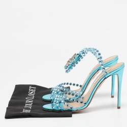 Pre Owned Aquazzura Transparent/Metallic Aqua PVC and Leather Dance Plexi Sandals Size 38.5