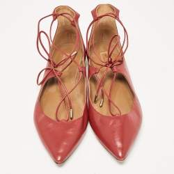 Pre Owned Aquazzura Red Leather Christy Ankle Tie Ballet Flats Size 40