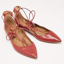 Pre Owned Aquazzura Red Leather Christy Ankle Tie Ballet Flats Size 40