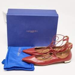 Pre Owned Aquazzura Red Leather Christy Ankle Tie Ballet Flats Size 40