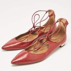 Pre Owned Aquazzura Red Leather Christy Ankle Tie Ballet Flats Size 40