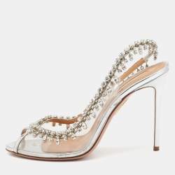 Pre Owned Aquazzura Silver PVC And Leather Temptation Crystal Sandals Size 39.5