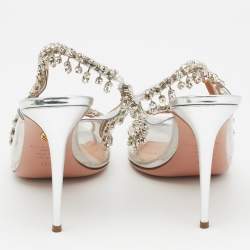 Pre Owned Aquazzura Silver PVC And Leather Temptation Crystal Sandals Size 39.5