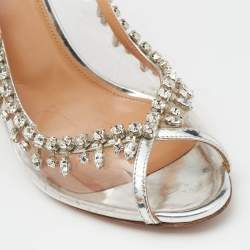 Pre Owned Aquazzura Silver PVC And Leather Temptation Crystal Sandals Size 39.5