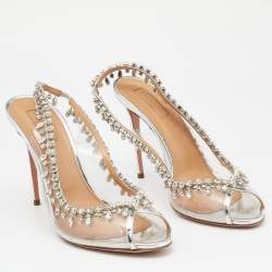 Pre Owned Aquazzura Silver PVC And Leather Temptation Crystal Sandals Size 39.5