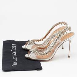 Pre Owned Aquazzura Silver PVC And Leather Temptation Crystal Sandals Size 39.5