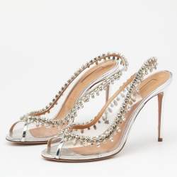 Pre Owned Aquazzura Silver PVC And Leather Temptation Crystal Sandals Size 39.5